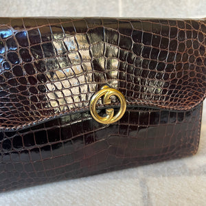 
            
                Load image into Gallery viewer, Gucci Dark Brown Crocodile Clutch / Woc with chain strap
            
        