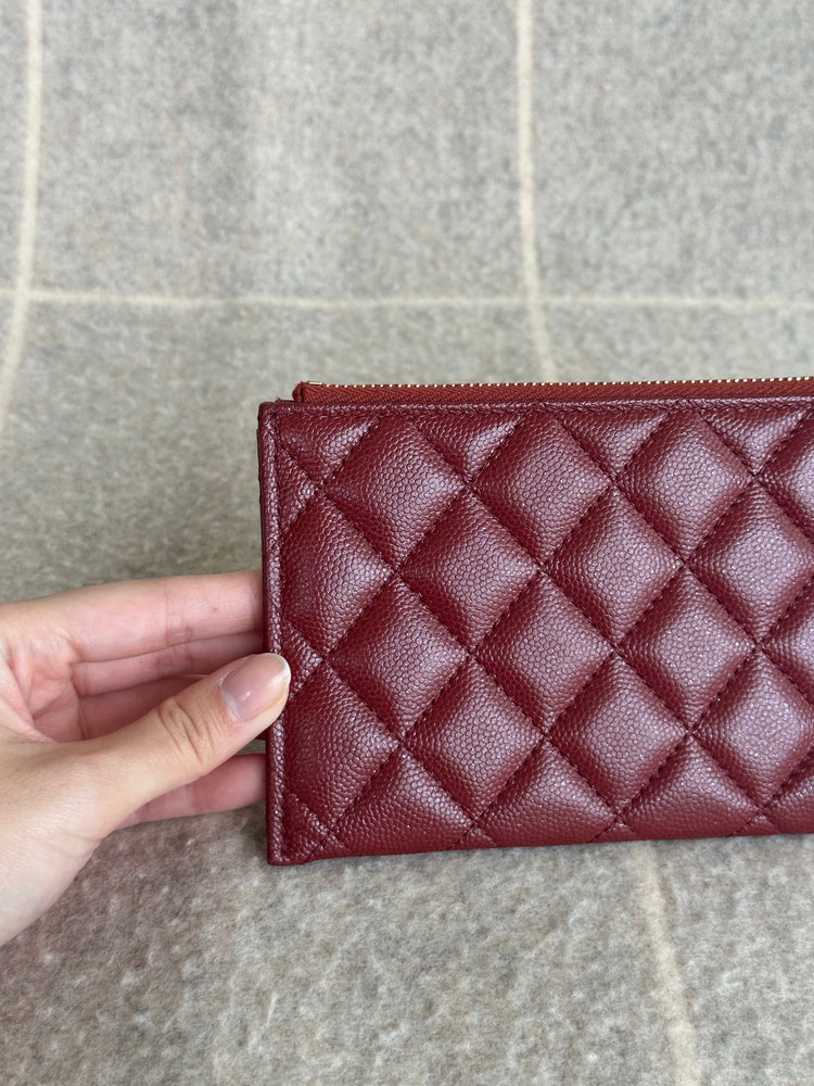 
            
                Load image into Gallery viewer, Chanel Long Zip Flat Wallet Burgundy Caviar Iridescent Brushed Gold Hardware 2018
            
        