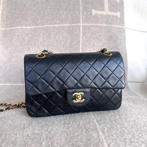 1989-1991 Vintage Chanel Small Classic Flap Black Lambskin Gold