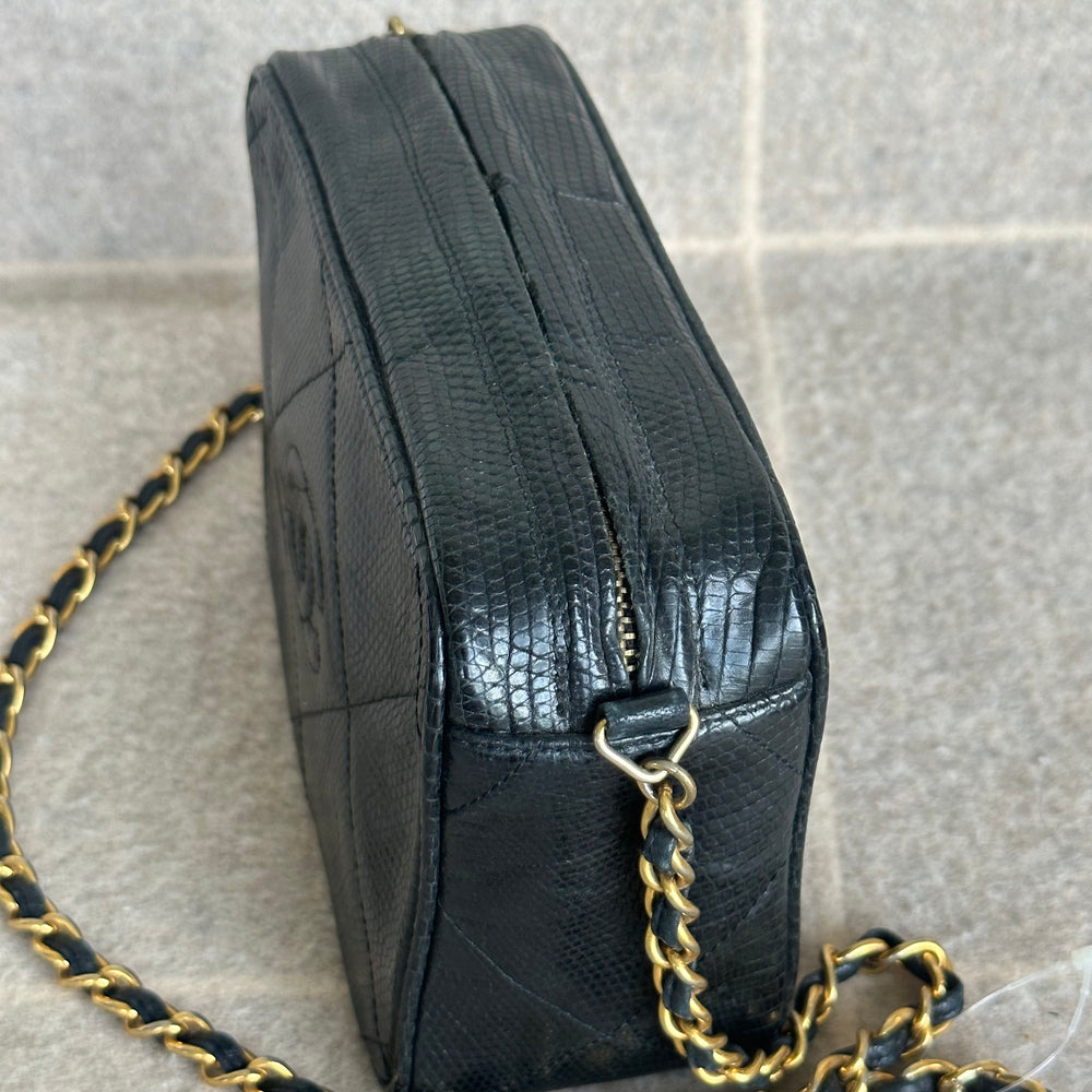 
            
                Load image into Gallery viewer, Vintage Chanel Lizard Skin Tassel Camera Bag
            
        