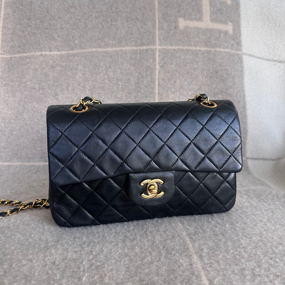 1989-1991 Vintage Chanel Small Classic Flap Black Lambskin Gold