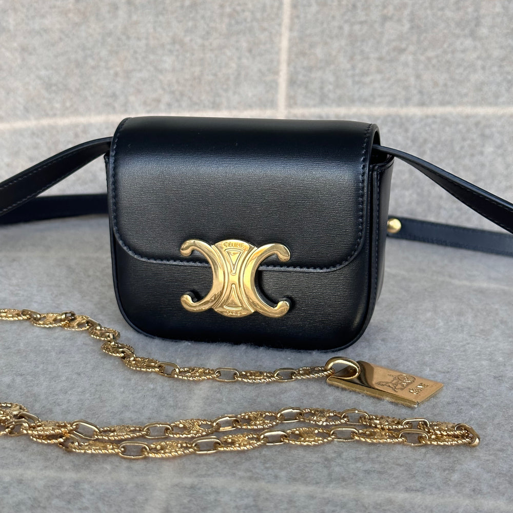 Celine Mini Triomphe in Shiny Calfskin Black with Vintage Gold Chain B Adore Adored