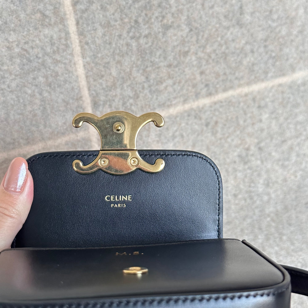 
            
                Load image into Gallery viewer, Celine Mini Triomphe in Shiny Calfskin Black with Vintage Gold Chain Belt
            
        