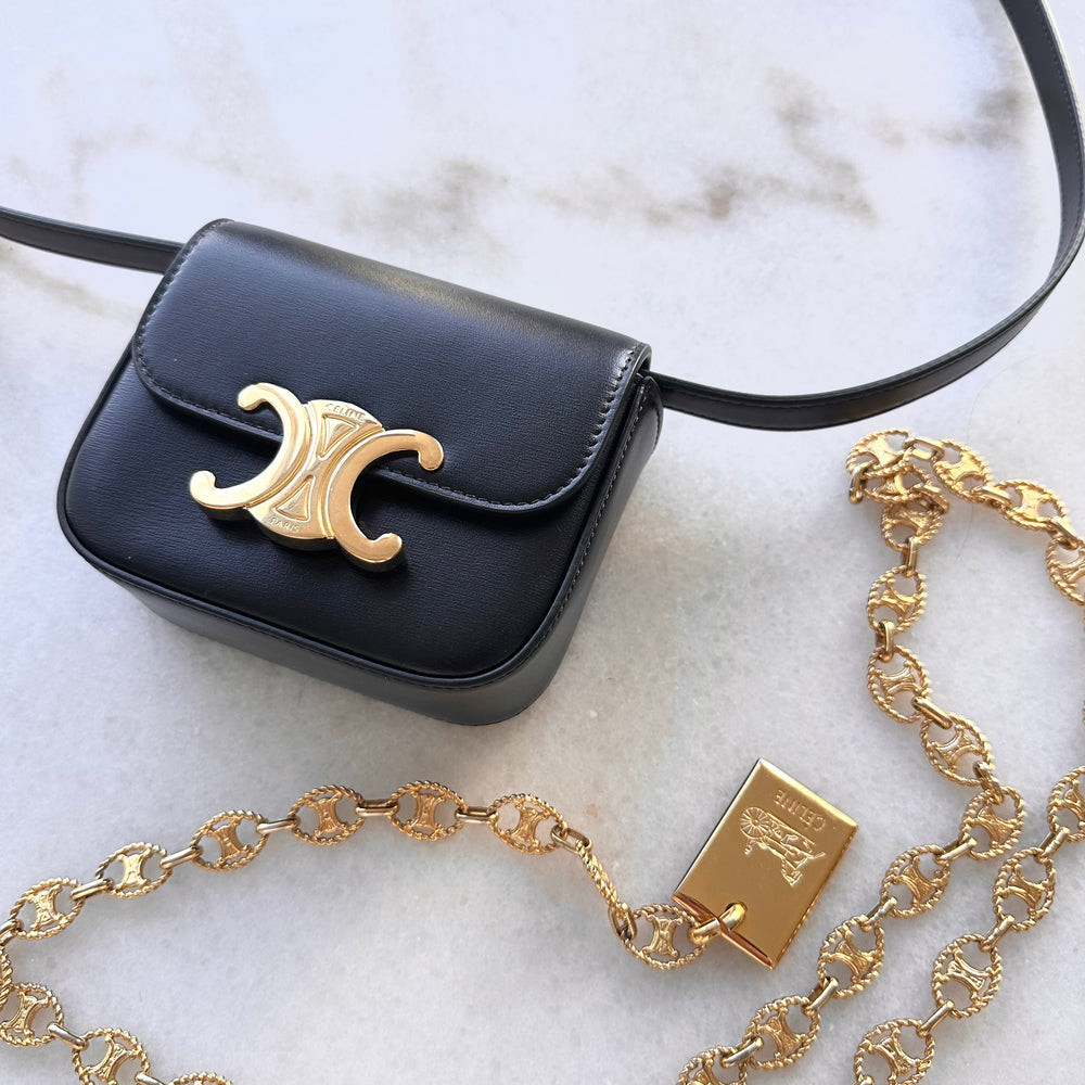 Celine Mini Triomphe in Shiny Calfskin Black with Vintage Gold Chain B Adore Adored