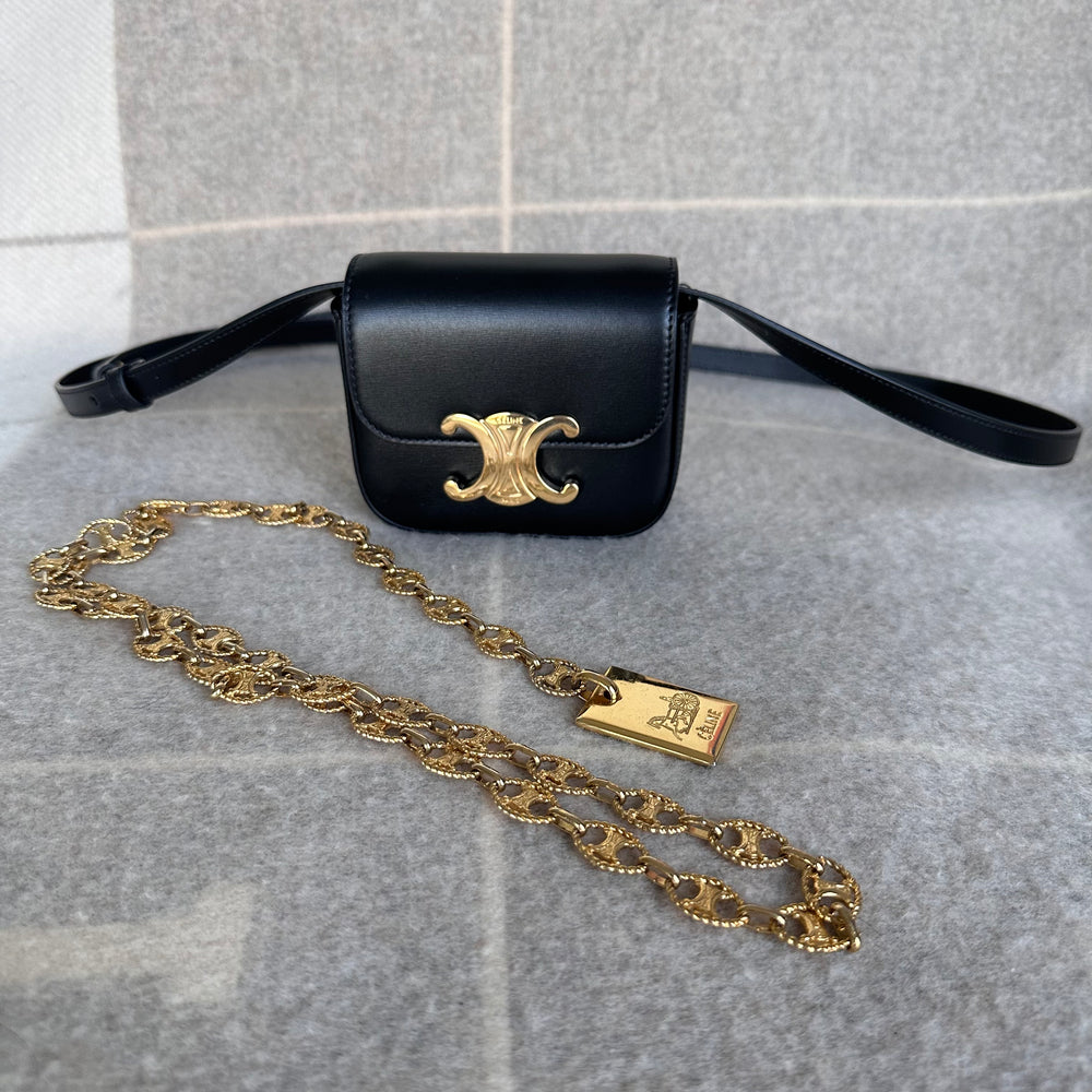 
            
                Load image into Gallery viewer, Celine Mini Triomphe in Shiny Calfskin Black with Vintage Gold Chain Belt
            
        