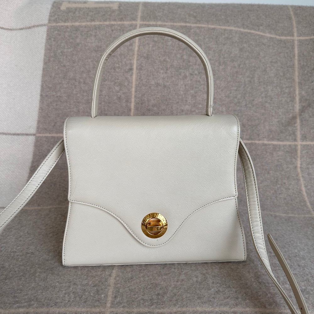 1990s Vintage Givenchy Ivory Saffiano Top Handle Two Way Shoulder Bag